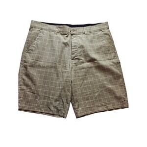 Hang Ten Mens Tan Windowpane Plaid Flat Front Stretch‎ Shorts Size 38